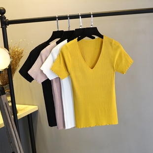 夏季冰丝T恤V领短袖女装纯色针织打底衫黄色套头百搭修身超薄上衣