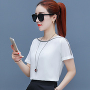 白色雪纺衫短袖女夏季一字肩上衣2023韩版夏装小衫气质白t恤
