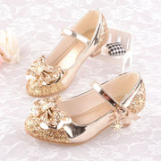 女童公主皮鞋模特比赛儿童鞋高跟时尚，单鞋粉(单鞋粉)银白金色配礼服公主裙