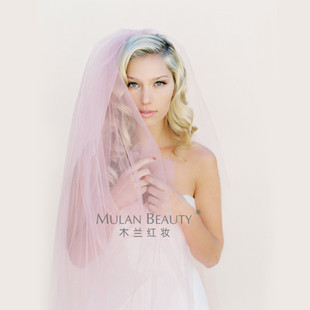 韩式粉色简约裸纱COS造型新娘婚纱礼服配件创意软纱拖尾素纱