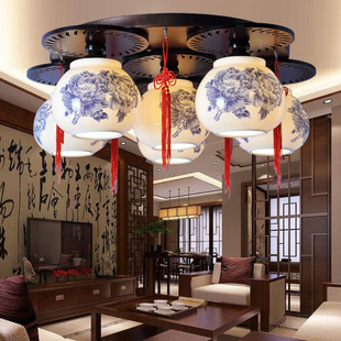 新中式陶瓷客厅吸顶灯圆形卧室灯书房餐厅青花薄胎瓷仿古吸顶灯具