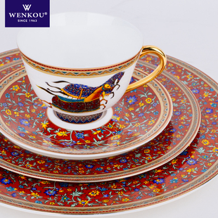 欧式咖啡个性创意红色骨瓷，红茶杯西餐盘平盘样板房摆件
