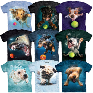 美国themountain纯棉3d水下捡球的狗狗，图案短袖t恤