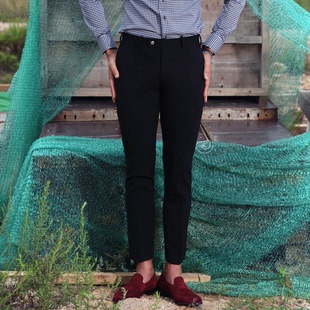 韩国绅士时尚商务气质，男士修身黑色，小脚金属按扣长裤男裤西裤