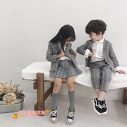 儿童兄妹装18秋格子西装三件套龙凤胎休闲韩版学院风衬衫套装