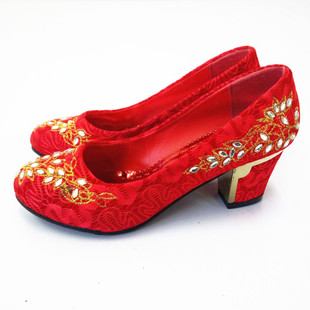 大红色婚鞋中式新娘鞋婚礼鞋粗跟6cm中跟 女 红鞋孕妇伴娘上轿鞋