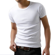 夏季男士韩版圆领短袖T恤 纯棉紧身弹力修身打底衫纯色体恤男