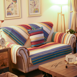 地中海风格沙发垫 双面纯棉沙发巾条纹家居布艺沙发坐垫蓝色彩条