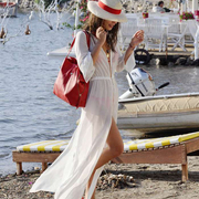 欧美长款女士衬衫，沙滩防晒衣，海边渡假长裙比基尼罩衫