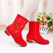 秋冬季新娘鞋婚鞋红色女靴低跟大码中筒婚礼鞋舒适孕妇加绒红靴子