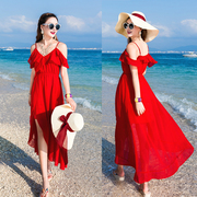 2020夏装大红色V领雪纺吊带连衣裙大摆海边波西米亚沙滩长裙