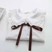 日系森女系软妹风夏简约纯色娃娃领系带，宽松短袖白衬衫打底衫