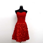 99新大红色抹胸短款伴娘写真花朵，工艺连衣裙礼服腰70hh1163
