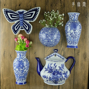 景德镇陶瓷器手绘挂瓶壁挂，半瓶墙上花瓶垂吊绿萝花盆，中式水培装饰