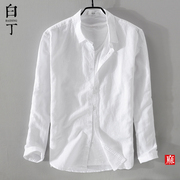 春夏季日系薄款短袖亚麻衬衫，男休闲宽松棉麻长袖衬衣外套上衣白色