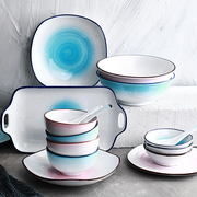 创意欧式蓝粉海洋系列陶瓷餐具盘子菜盘家鱼盘用西餐盘牛排盘碟子