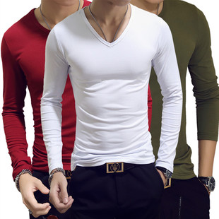 男士长袖t恤v领韩版修身纯色打底衫，秋装白色上衣衣服男装春秋款