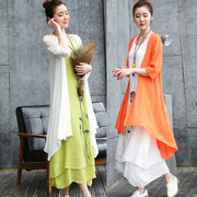 2024春季棉麻连衣裙文艺中国风，印花亚麻裙两件套披肩显瘦长裙