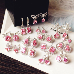 粉水晶耳环耳钉粉色宝石方形水钻锆石简约个性超闪蝴蝶结粉钻花朵