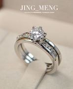 韩国定制个性三排套环钻戒，仿真镀玫瑰金六爪60分锆石戒指结婚礼女
