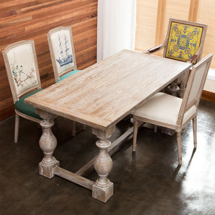 欧式圆形实木餐桌美式乡村桌，复古做旧原木简约松木长方形桌椅组合