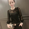 春秋韩版女装黑色蕾丝灯笼，袖圆领拼接打底衫修身显瘦长袖上衣