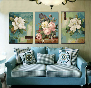 diy数字油画油彩画，客厅手绘填色花卉大幅三联三拼装饰画出水芙蓉