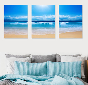 沙发背景墙壁装饰画三联画地中海，挂画组合无框画大海蓝天餐厅壁画