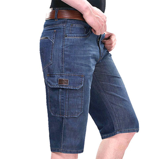 夏季薄款苹果牛仔短裤男直筒宽松 中年多口袋七分裤弹力大码高腰