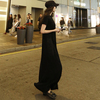莫代尔黑色短袖长裙夏2024女时尚，韩版宽松口袋，a字连衣裙大码显瘦