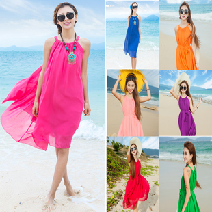 2017夏季纯色雪纺连衣裙，显瘦海边度假沙滩裙，短裙吊带波西米亚
