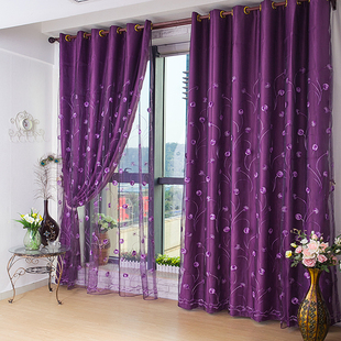 欧式紫色遮光布窗帘(布，窗帘)高档绣花窗纱帘，卧室客厅成品定制田园