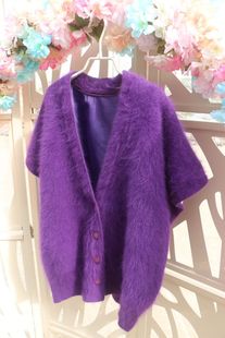 蓝紫色大V蝙蝠袖宽松大板型中袖开衫外套长毛毛韩国制顶端兔毛
