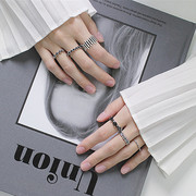 韩版s925纯银设计师款创意，做旧黑玛瑙，镶石戒指女学生组合装饰指环