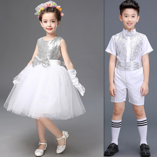 白色亮片儿童演出服合唱男孩小礼服衬衫短袖英伦风女孩公主裙
