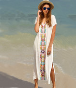 欧美白色绣花海边度假防晒衣长裙沙滩裙泳衣女比基尼罩衫罩衣
