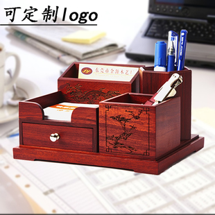 红木笔桶创意办公室多功能桌面中国风笔筒高级感收纳盒子摆件定制