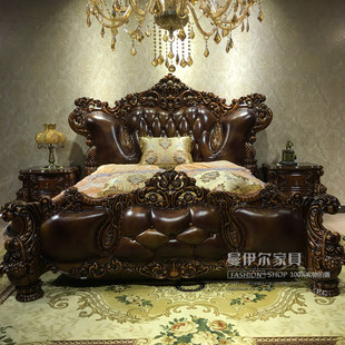 欧式真皮实木床奢华进口头层牛皮，双人床卧室婚床美式仿古1.8米2米
