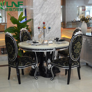 新古典圆餐桌椅组合欧式大理石饭桌一桌六椅黑色银箔酒桌实木餐桌