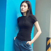 韩版纯色半高领紧身短袖t恤女百搭春夏简约黑色，打底衫女装上衣潮