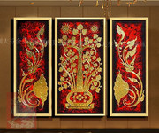 手绘东南亚风格装饰画瑜伽，馆酒店家居会所，壁画三联金色菩提树挂画