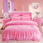 韩版公主风大红蕾丝花边，加厚夹棉婚庆，四五多件套1.8m粉色床上用品