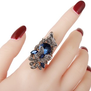 韩版时尚复古长款食指指环女镶钻水晶装饰戒指欧美个性夸张潮饰品