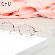 超轻纯钛无框眼镜架女 钻石切边 优雅白色镜框 可配成品近视眼镜