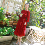诺里原创圆领灯笼袖，复古中长款裙子，红色雪纺长袖法国小众连衣裙