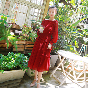 诺里 原创圆领灯笼袖复古中长款裙子红色雪纺长袖法国小众连衣裙