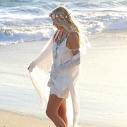 度假防晒欧美白色性感蕾丝长款开衫流苏比基尼游泳衣罩衫沙滩罩裙