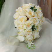 瀑布新娘手捧花仿真花结婚婚礼婚纱拍照道具仿真花水滴形白玫瑰花
