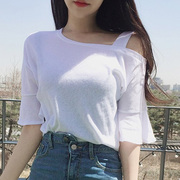 2023韩国代Gmisslady甜美小性感 不对称露肩荷叶袖T恤女装