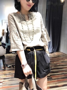 茗苒中袖衬衫女夏季韩版纯色百搭显瘦个性拼接喇叭袖通勤亚麻上衣